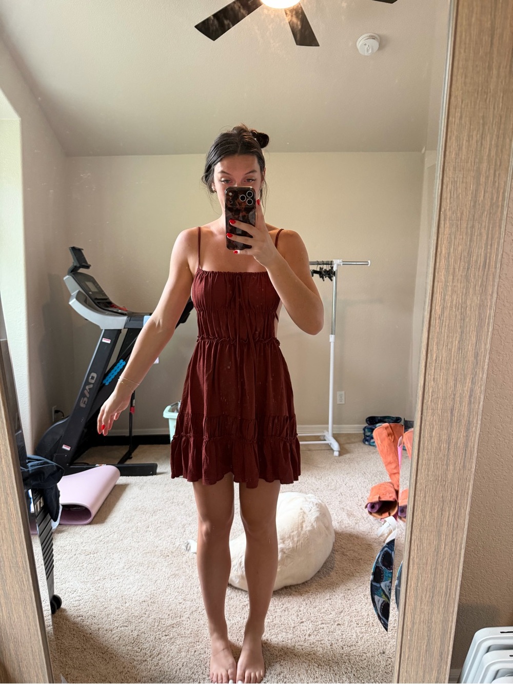 SHEIN Rust Brown Spaghetti Strap Tiered Mini Dress
